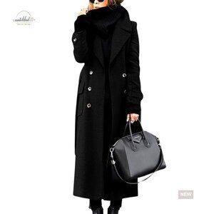 Women's Wool Blend Pea Coat Double Breasted Belted Trench Coat Maxi Length